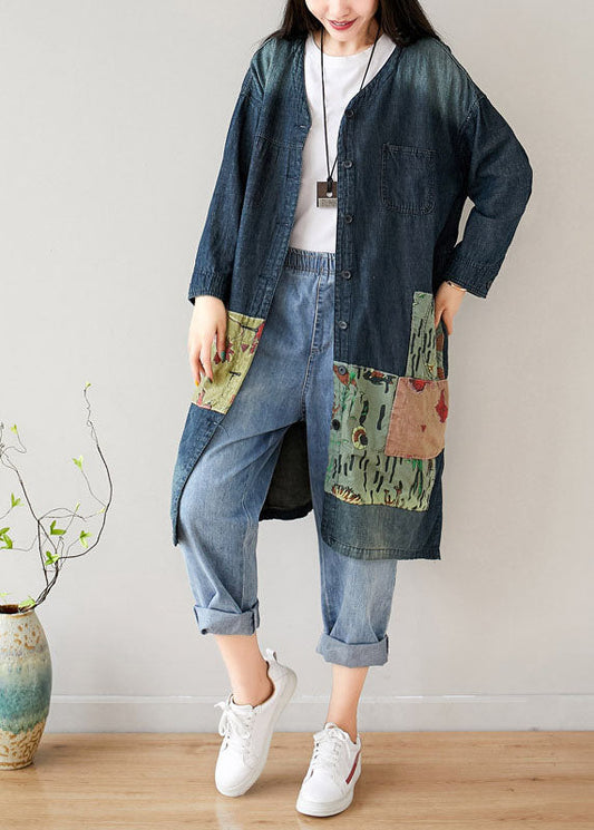 French Blue V Neck Pockets Patchwork Denim Coats Spring