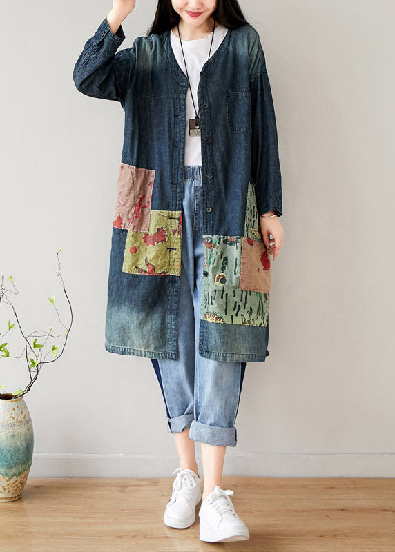 French Blue V Neck Pockets Patchwork Denim Coats Spring