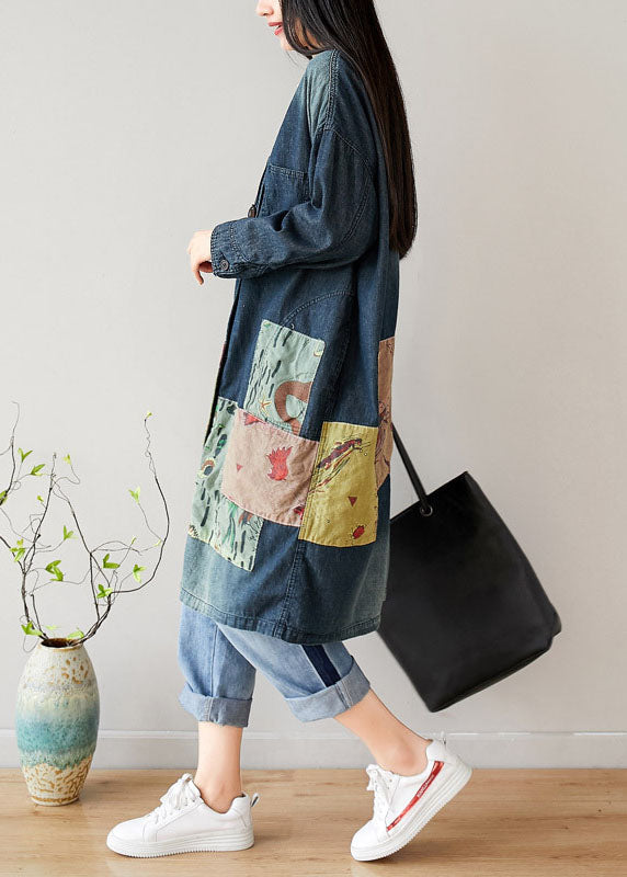 French Blue V Neck Pockets Patchwork Denim Coats Spring