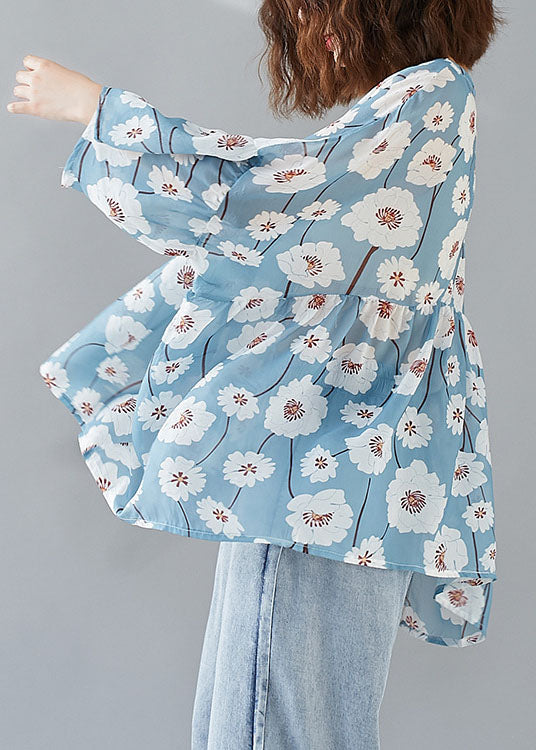 French Blue V Neck Print Patchwork Fall Half Sleeve Top