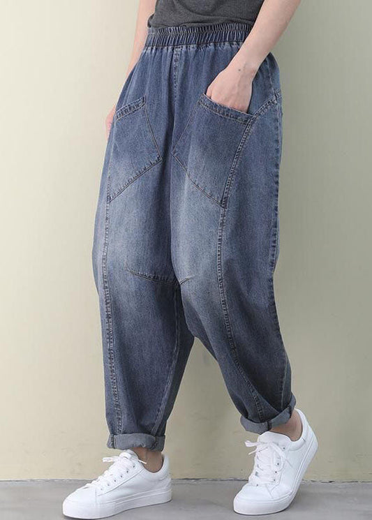 French Blue Blue Elastic Pockets Patchwork Coton Cotton Denim Pantalon Spring