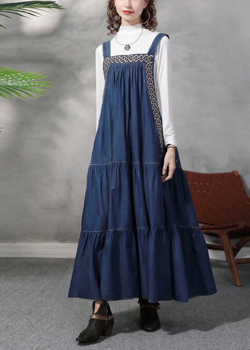 Denim français bleu brodé exra grand ourlet Robe de sangle de coton d'été