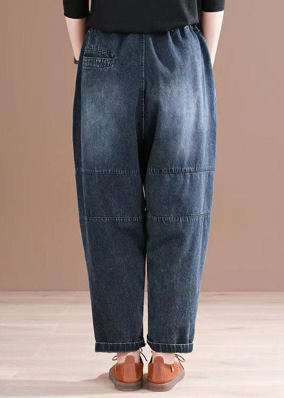 French Denim Blue High Pockets Patchwork Cotton Harem Pantal Summer