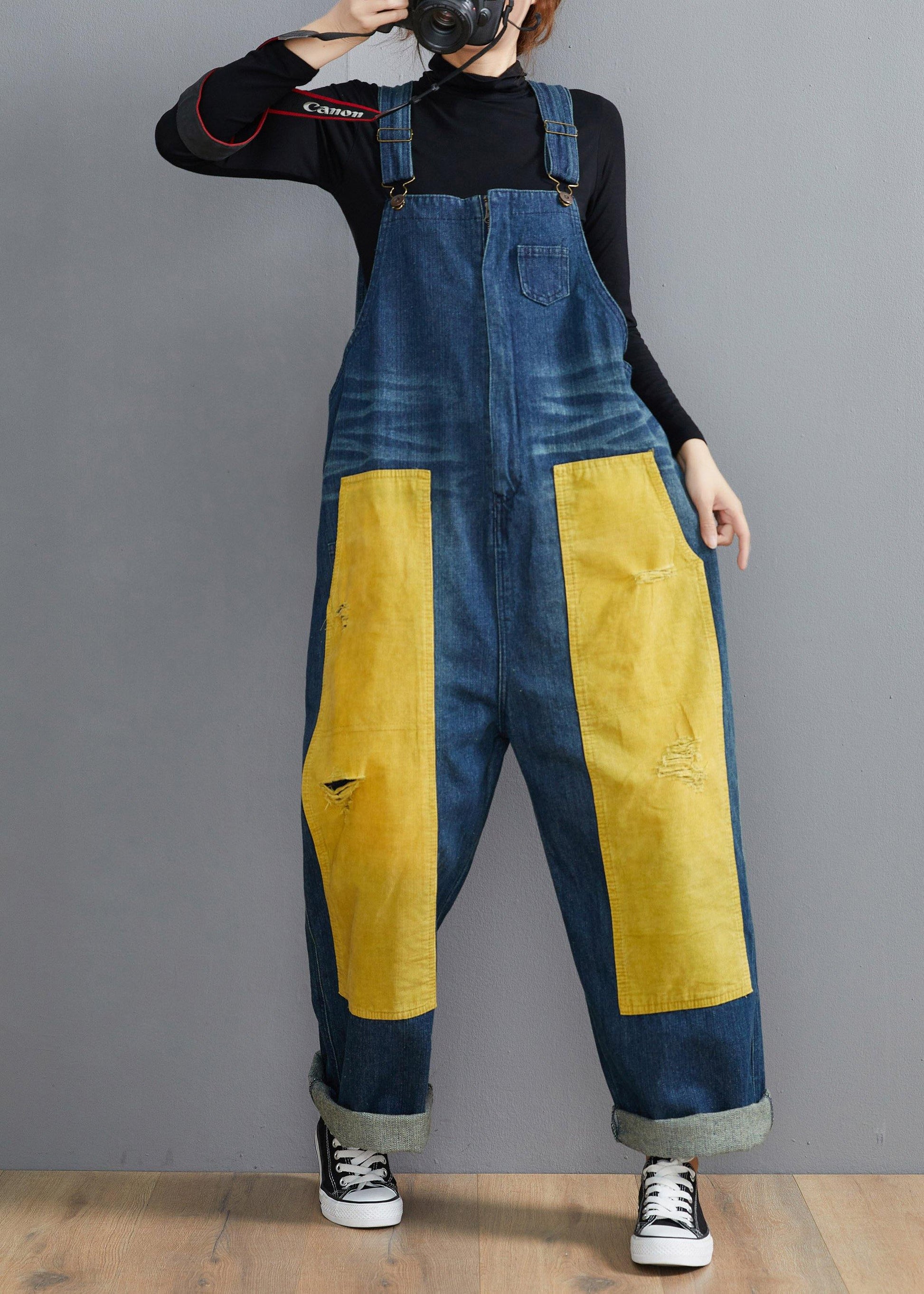 French Denim Blue Jeans women's Spring Patchwork Jumpsuit Pants - SooLinen