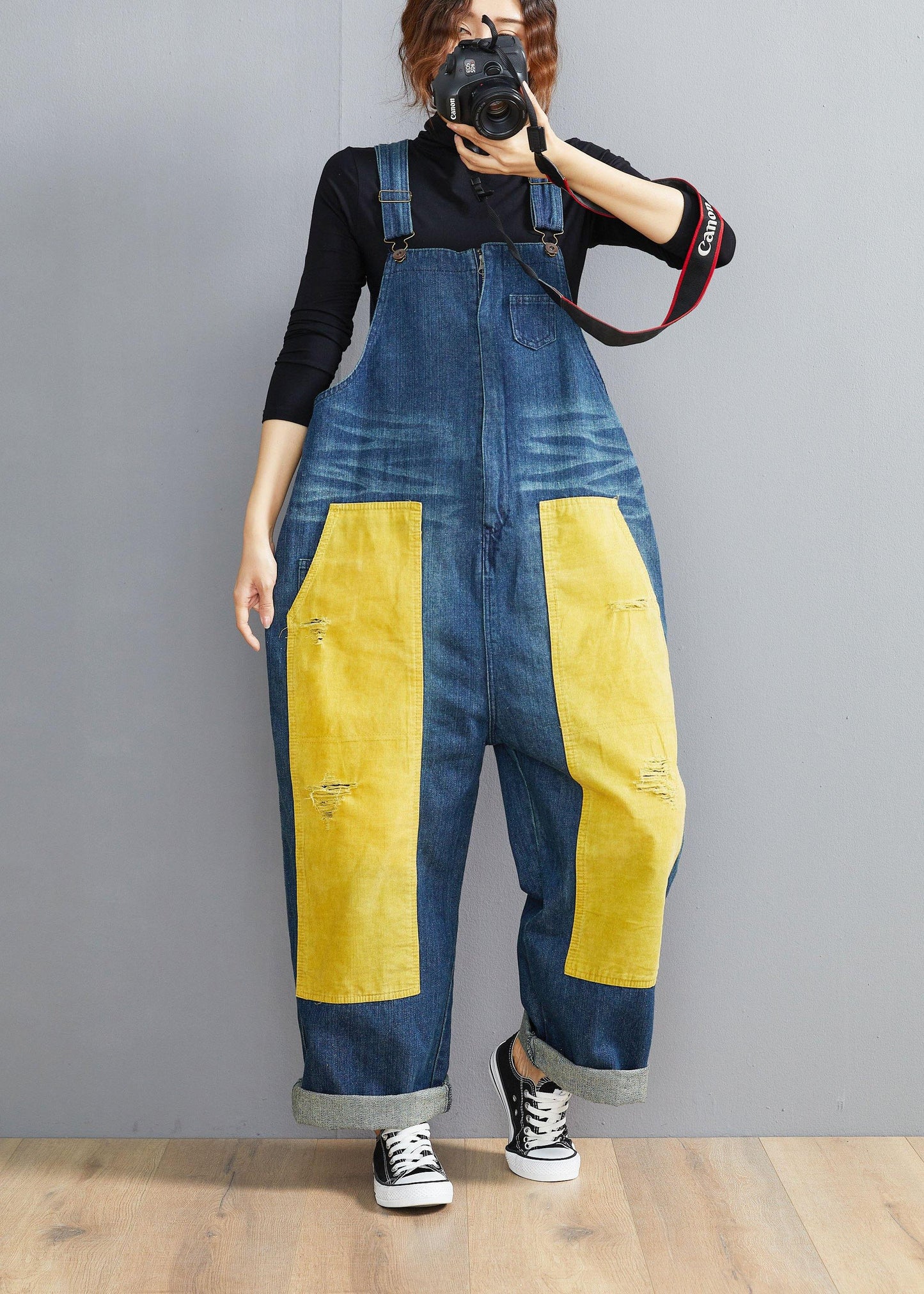 French Denim Blue Jeans women's Spring Patchwork Jumpsuit Pants - SooLinen