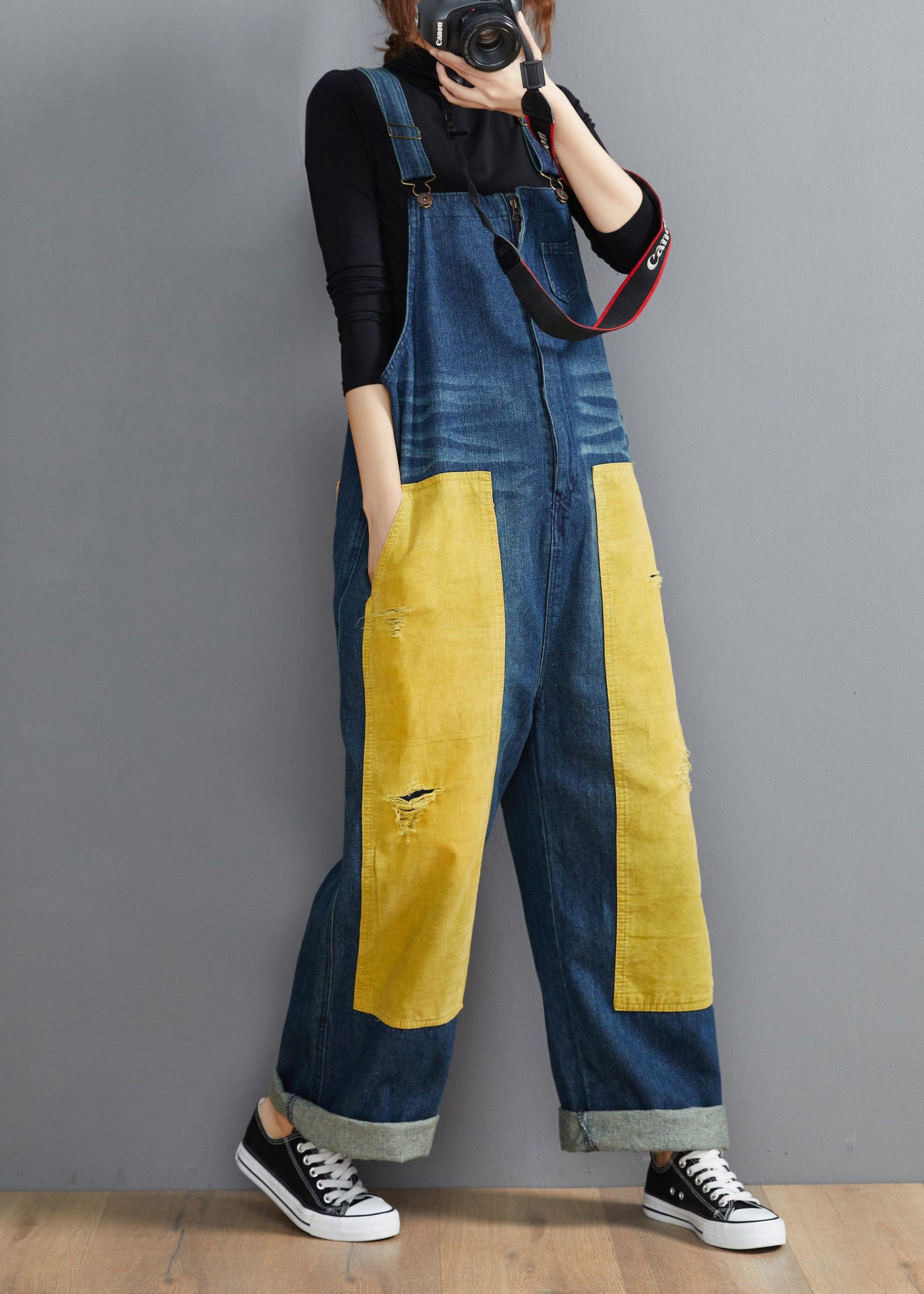 French Denim Blue Jeans women's Spring Patchwork Jumpsuit Pants - SooLinen