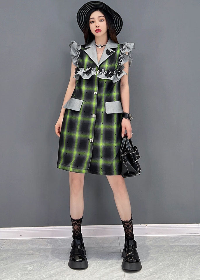 French Green Notched Collar Patchwork Ruffles Plaid Vacation Dresses Sleeveless