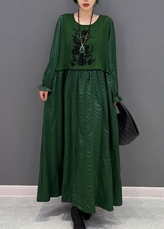 French Green O-Neck Patchwork Knit Maxi Dresses Winter