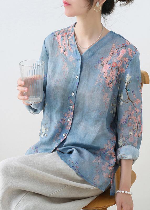 French Grey Blue Print Button Linen Shirt Top Long sleeve - SooLinen