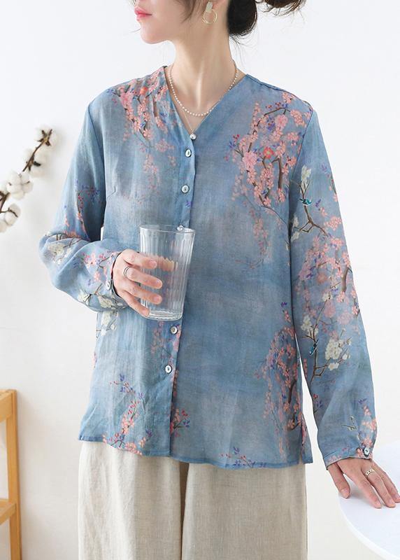 French Grey Blue Print Button Linen Shirt Top Long sleeve - SooLinen