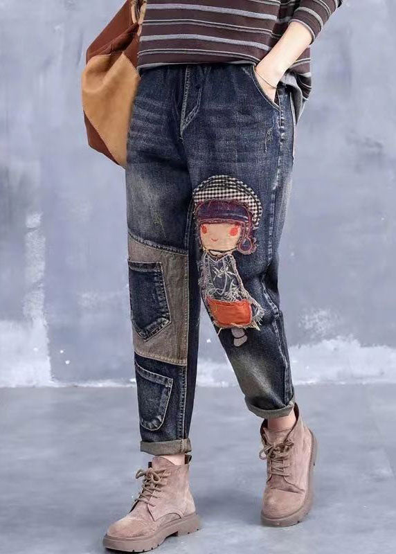 French Grey Broideried Girl Pockets Patchwork Denim Pants printemps