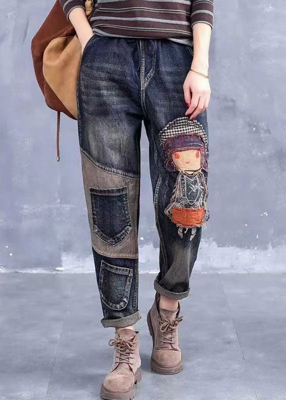 French Grey Broideried Girl Pockets Patchwork Denim Pants printemps