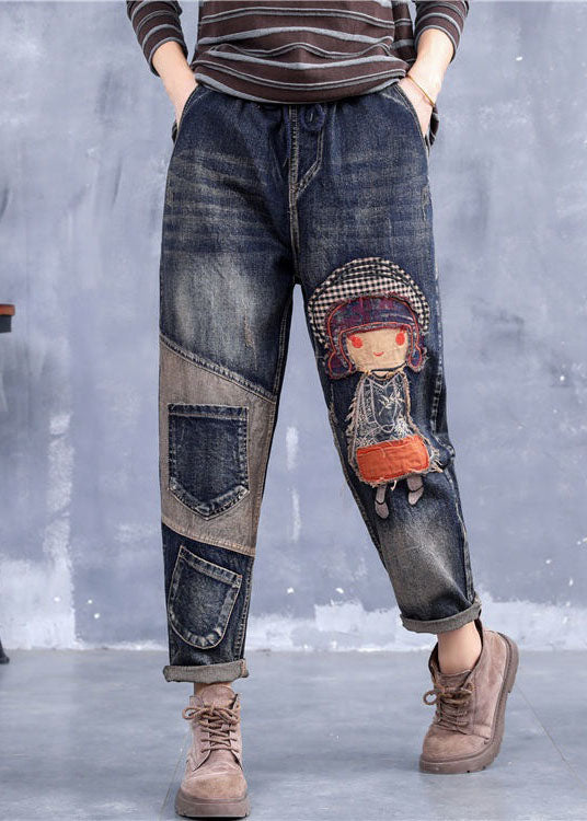 French Grey Broideried Girl Pockets Patchwork Denim Pants printemps