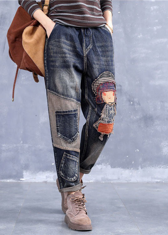 French Grey Broideried Girl Pockets Patchwork Denim Pants printemps