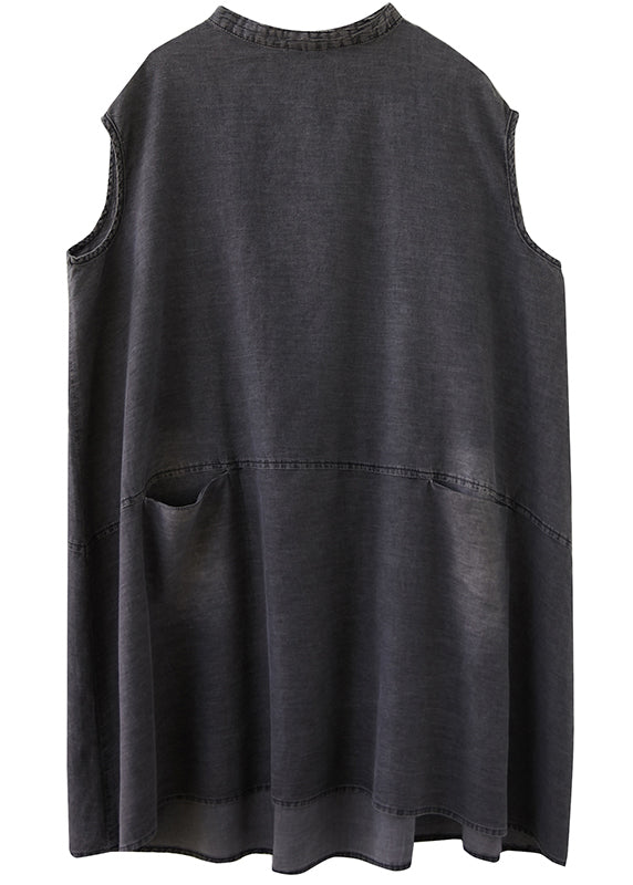 French Grey Stand Collar pockets Cotton Denim Dress Sleeveless