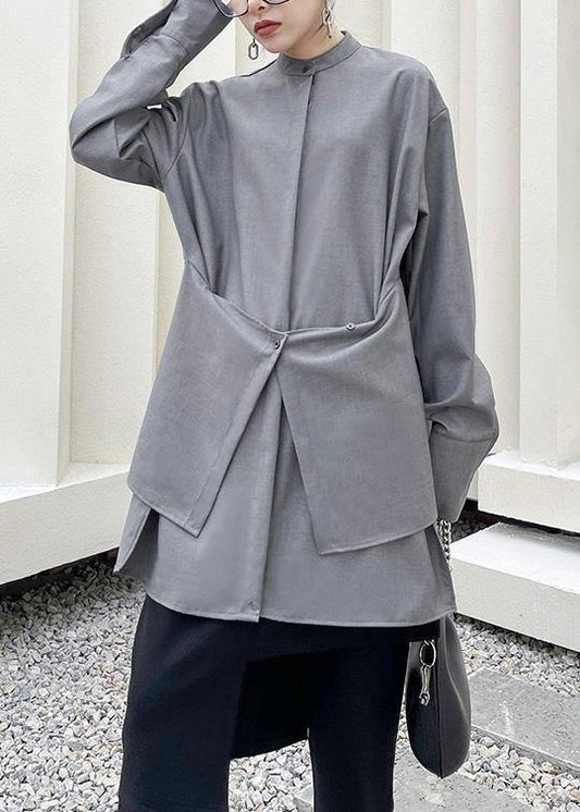 French Grey asymmetrical design  Long sleeve Spring Blouses - SooLinen