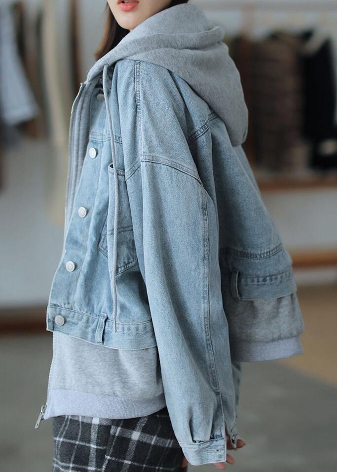 French Hooded False Two Pieces Fine Coats Women Denim Blue Loose Coats - SooLinen