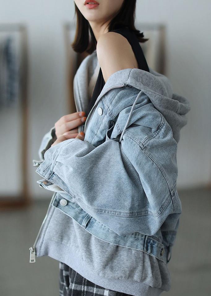 French Hooded False Two Pieces Fine Coats Women Denim Blue Loose Coats - SooLinen