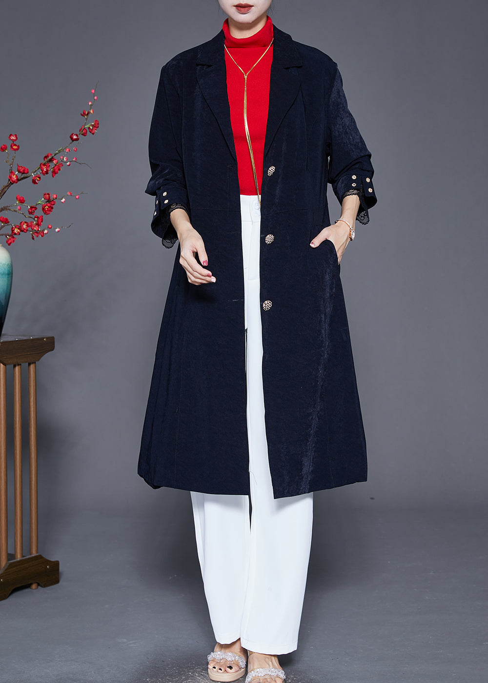 French Navy Lapel Single Breasted Slim Fit Trench Coats Fall