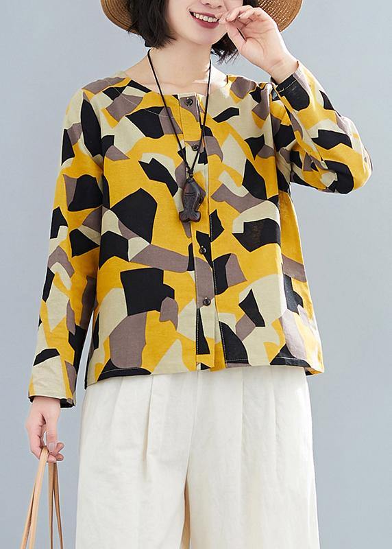 French O Neck Button Down Shirts Inspiration Yellow Geometric Top - SooLinen