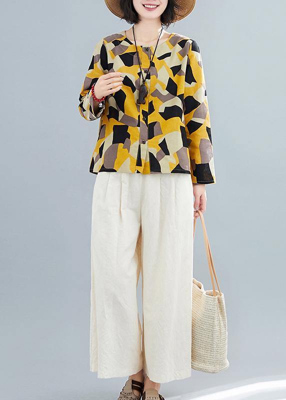 French O Neck Button Down Shirts Inspiration Yellow Geometric Top - SooLinen