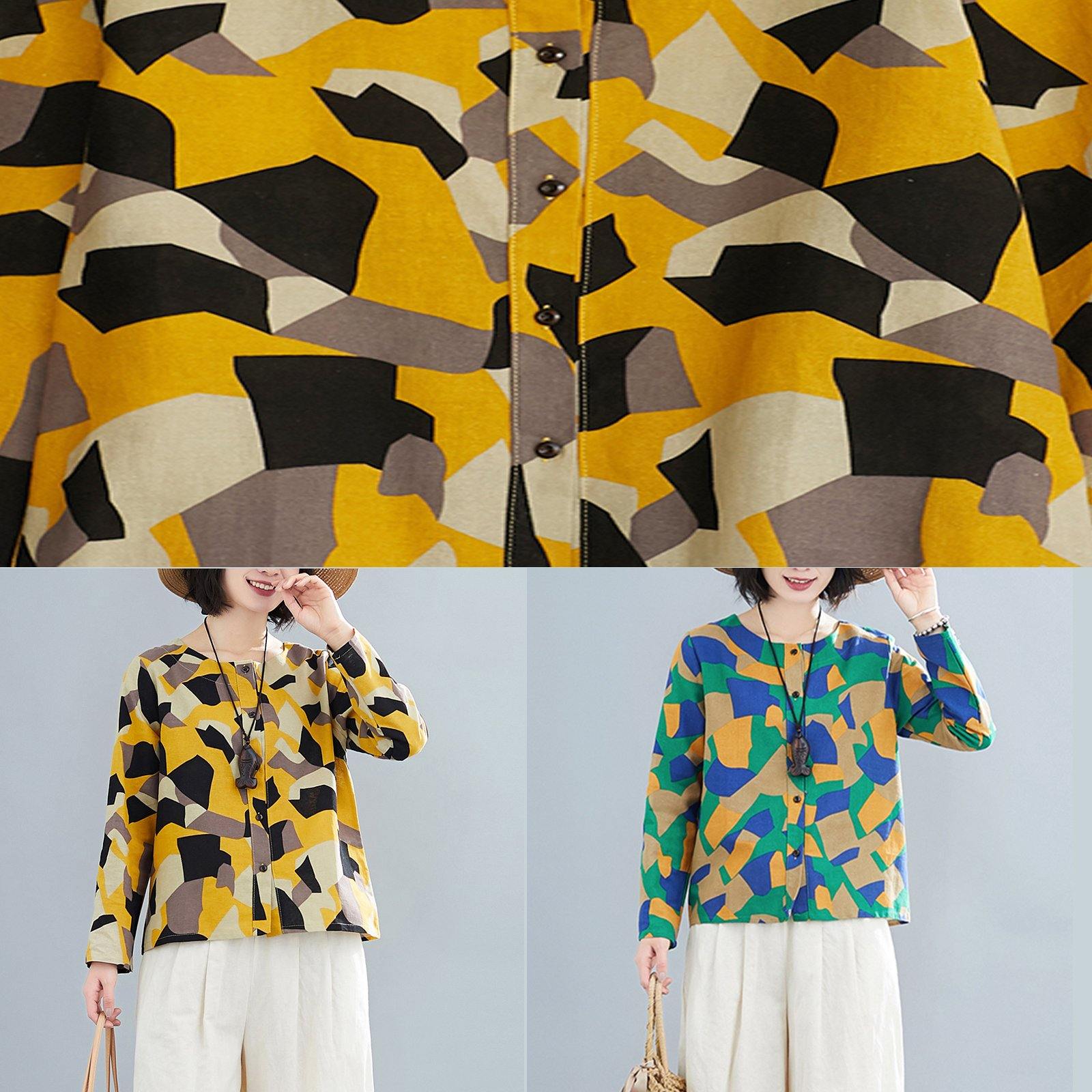 French O Neck Button Down Shirts Inspiration Yellow Geometric Top - SooLinen