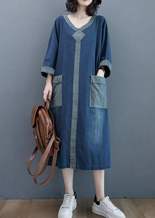 French O Neck Patchwork Spring Dresses Outfits Denim Blue Robe Dresses - SooLinen