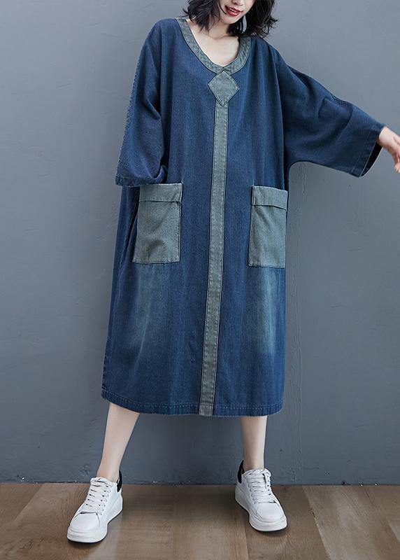 French O Neck Patchwork Spring Dresses Outfits Denim Blue Robe Dresses - SooLinen