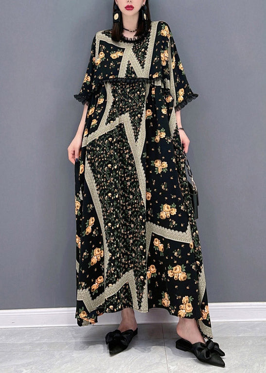 French O-Neck Print Ruffled Patchwork Beach Long Dresses Half Sleeve