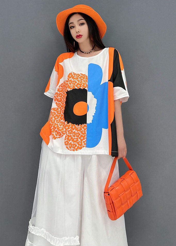 French Orange Print Tulle Patchwork Cotton Tanks And A Line Skirts Two Pieces Set Summer