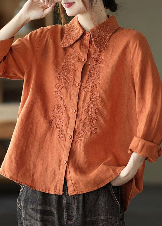 French Orange Retro Peter Pan Collar Button Fall Linen Shirt Tops Long Sleeve - SooLinen