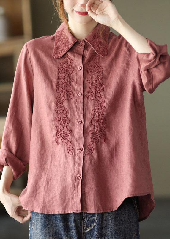 French Orange Retro Peter Pan Collar Button Fall Linen Shirt Tops Long Sleeve - SooLinen