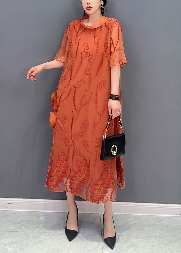 French Orange Stand Collar Embroideried Tulle Dresses Summer