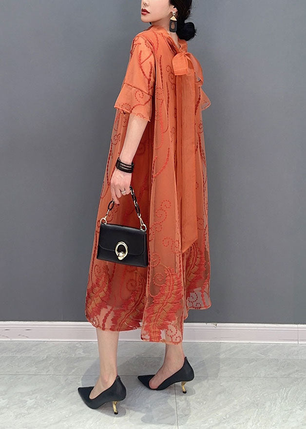 French Orange Stand Collar Embroideried Tulle Dresses Summer