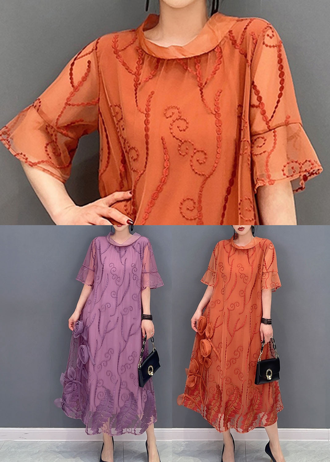 French Orange Stand Collar Embroideried Tulle Dresses Summer