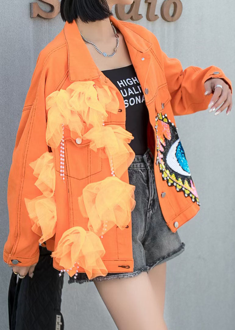 Pouilles de tulle orange français paillettes à ongles patchwork patchwork denim manteau printemps