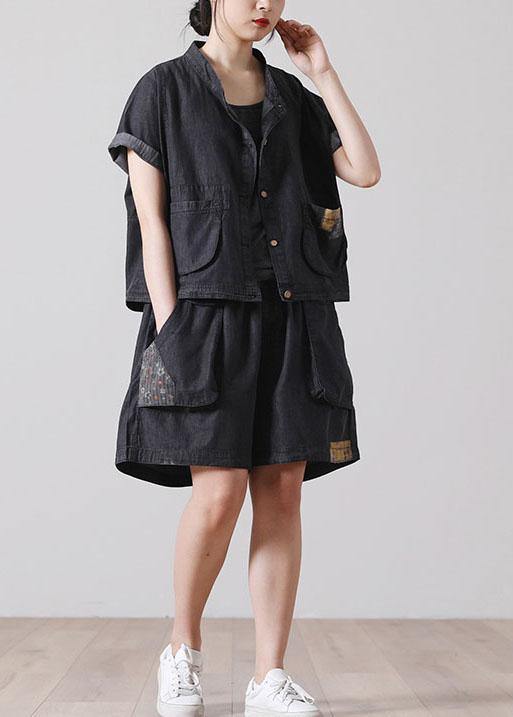 French Pockets hot pants Denim Black Short Sleeve Two Pieces Set - SooLinen