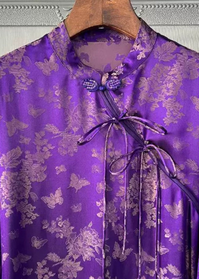 French Purple Stand Collar Imprime-pape de la soie de noix de soie à manches longues