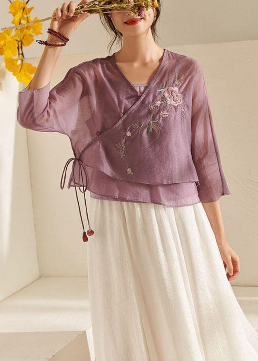 French Purple Tie Waist Embroideried Summer Top - SooLinen