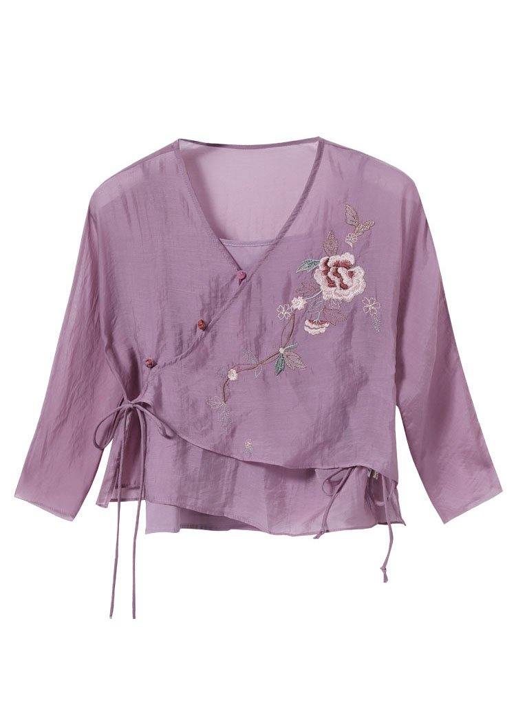 French Purple Tie Waist Embroideried Summer Top - SooLinen