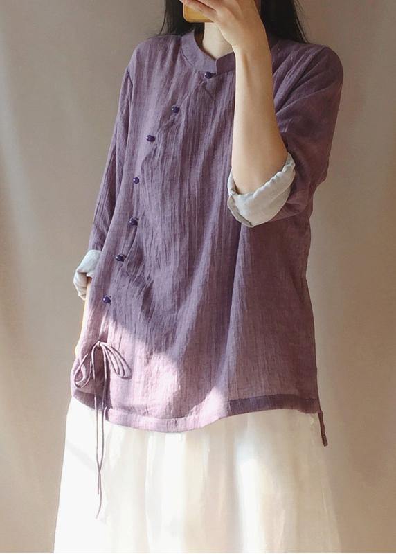 French Purple Tops Women Blouses Stand Collar Button Down Clothing Blouse - SooLinen