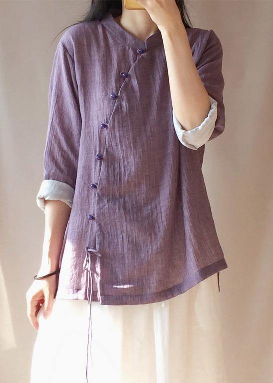 French Purple Tops Women Blouses Stand Collar Button Down Clothing Blouse - SooLinen