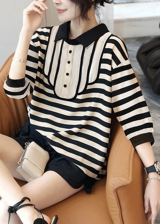 French Striped Peter Pan Collar Patchwork Cotton Tops Bracelet Sleeve