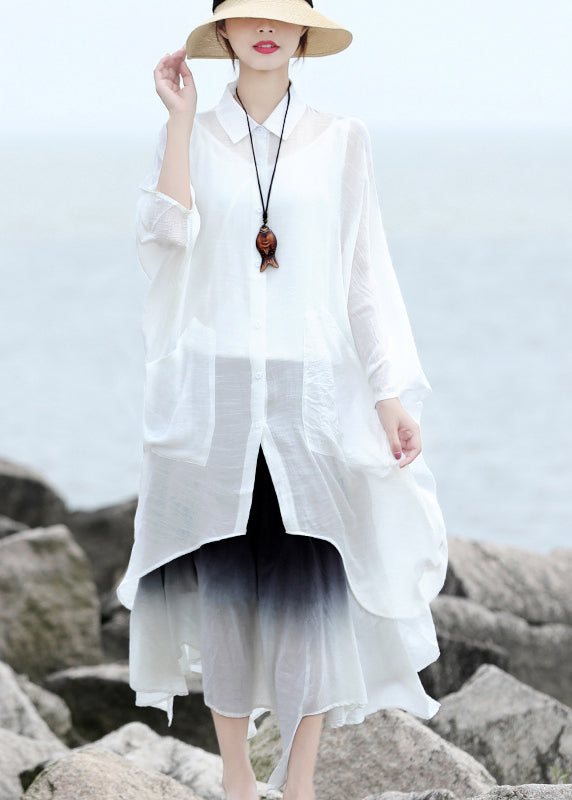 French blanc Peter Pan Collier Asymétriques Low High Design Linen Shirts Batwing Sleeve