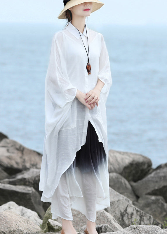 French blanc Peter Pan Collier Asymétriques Low High Design Linen Shirts Batwing Sleeve