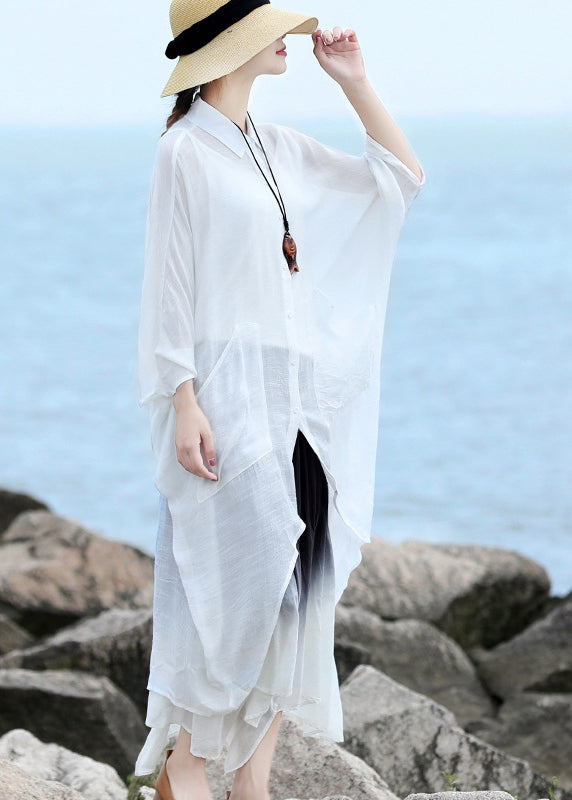 French blanc Peter Pan Collier Asymétriques Low High Design Linen Shirts Batwing Sleeve