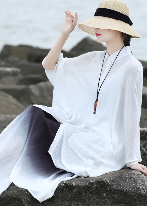 French blanc Peter Pan Collier Asymétriques Low High Design Linen Shirts Batwing Sleeve