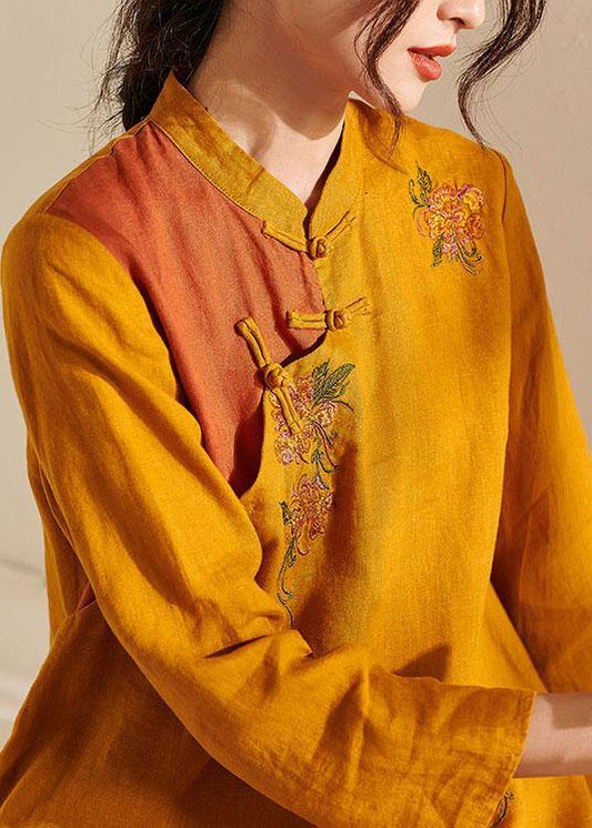 French Yellow Oriental Side Open Summer Linen Top - SooLinen