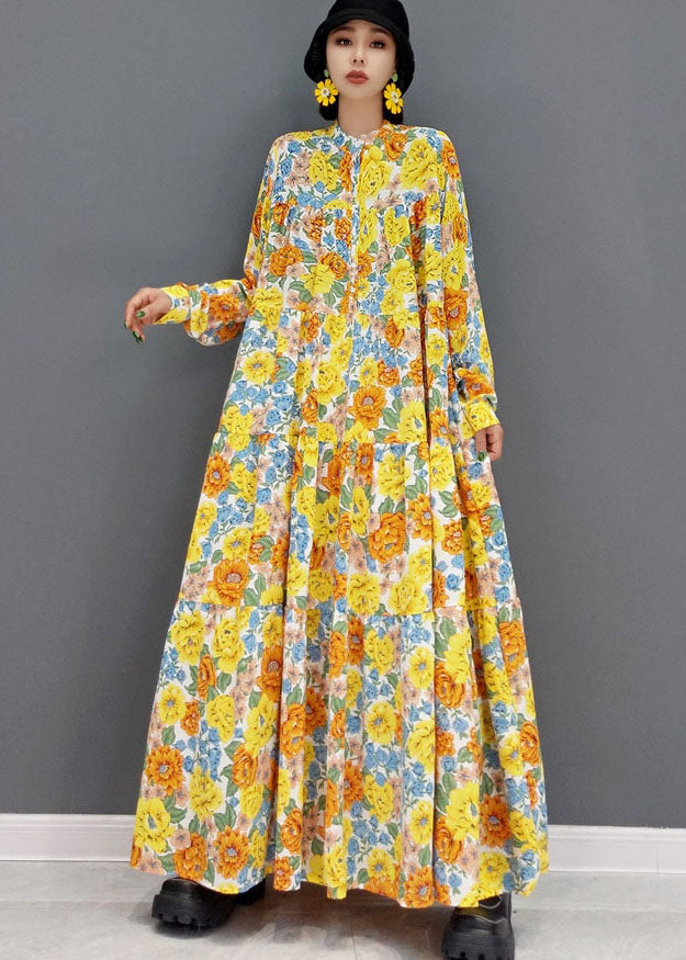 French Yellow Print Exra Large Hem Cotton Maxi Dresses Long Sleeve