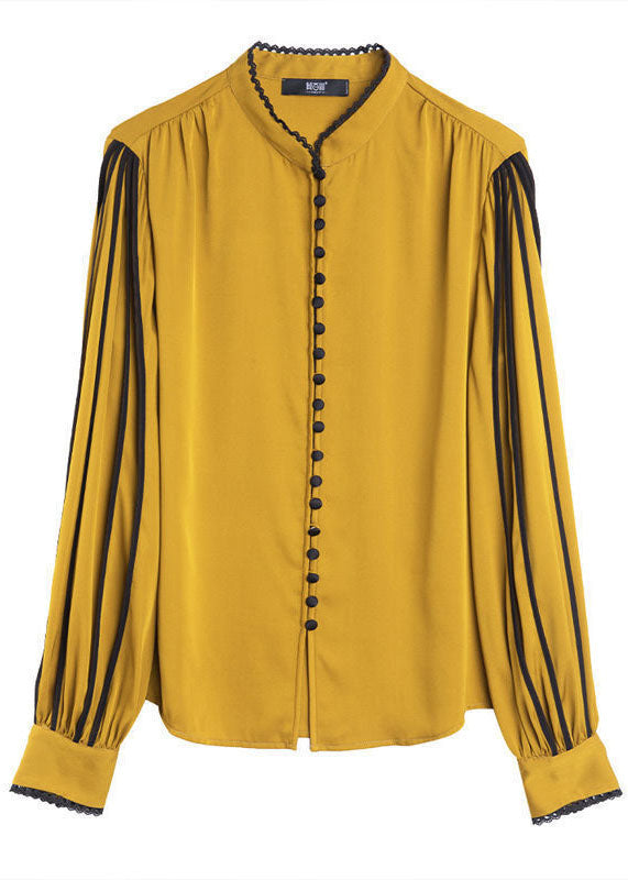 Bouton de collier jaune français drapage de chemise en soie à manches longues